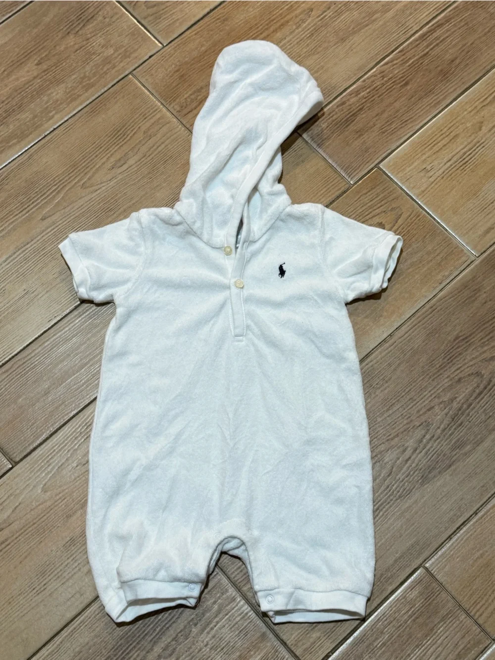 Ralph Lauren White Hooded Terry Romper with Pony Logo
